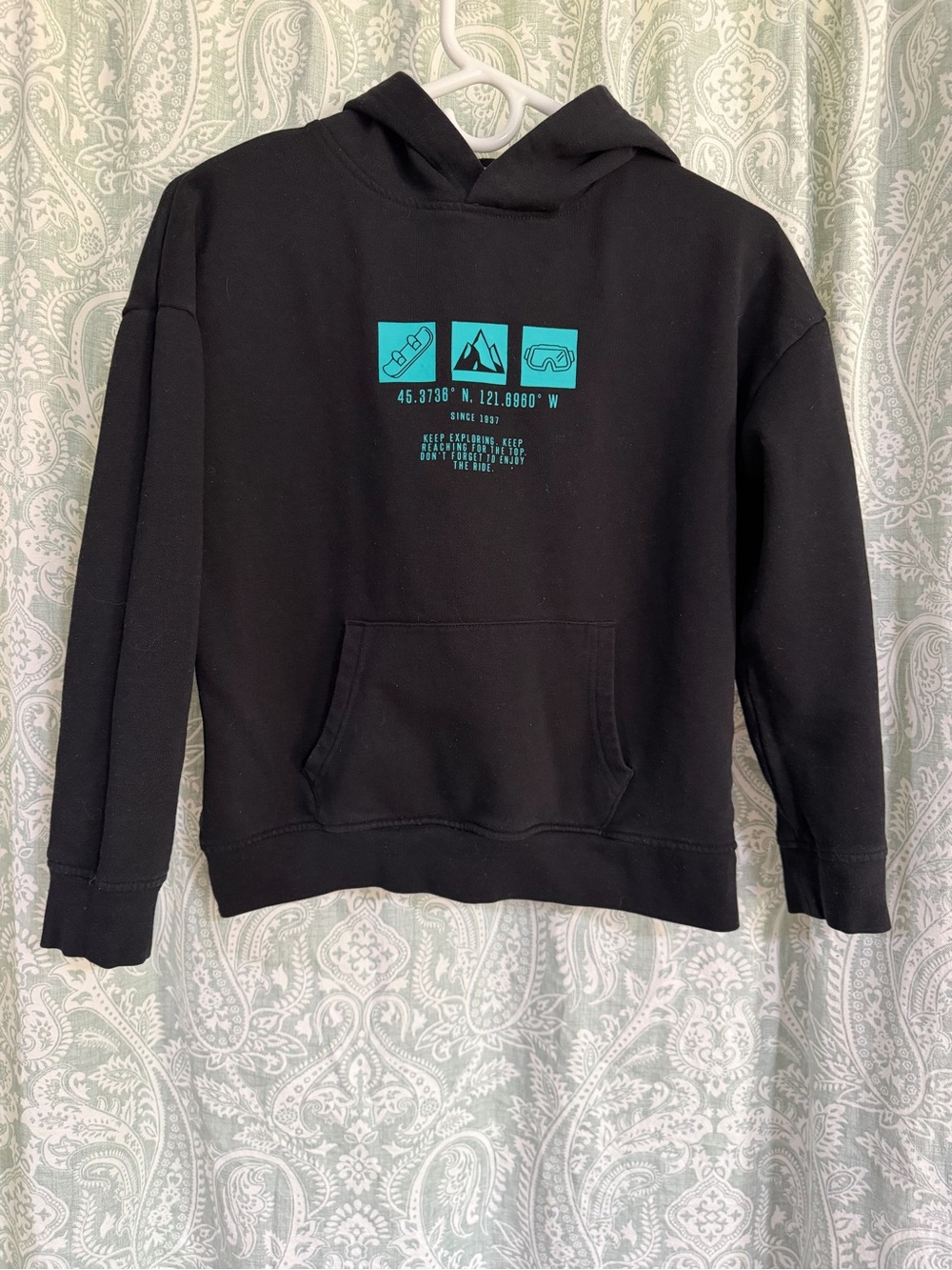 Kids Black Graphic Hoodie with Teal Adventure Print